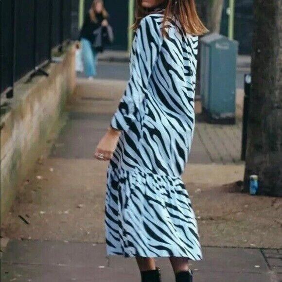 Zara Womens Dress Sz M Powder Blue Black Zebra Animal Print Shirt Long - Picture 3 of 12